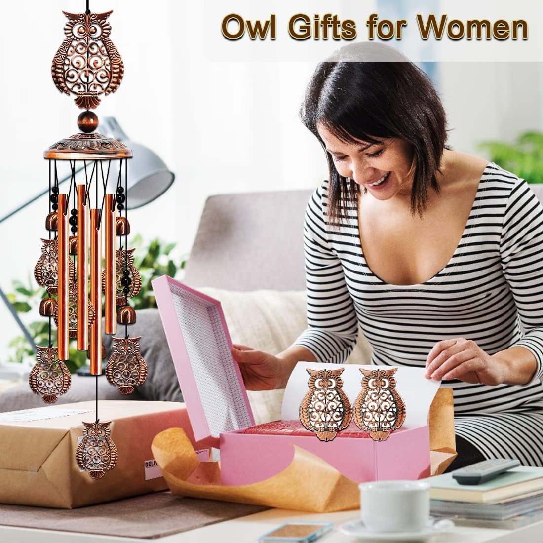 JUNQIU Owl Wind Chimes for Outside, Owl Gifts for Women - 35In Owls Decor Windchime, Gifts for Women, Mom