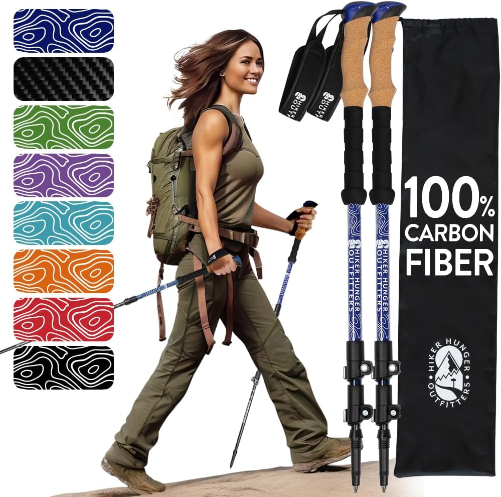 100% Carbon Fiber Trekking Poles by USA Brand - Ultra Strong Lightweight Collapsible Hiking Poles with Cork and EVA Foam Grips & Quick Adjustable Flip Locks