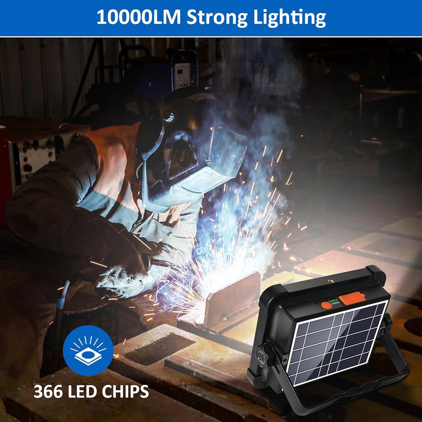 100W Rechargeable Work Light, 12000mAh Solar Work Light, 336 LEDs Flood Light, 4 Lighting Modes/Stepless Dimming, Portable for Camping, Car Repair, Power Cut