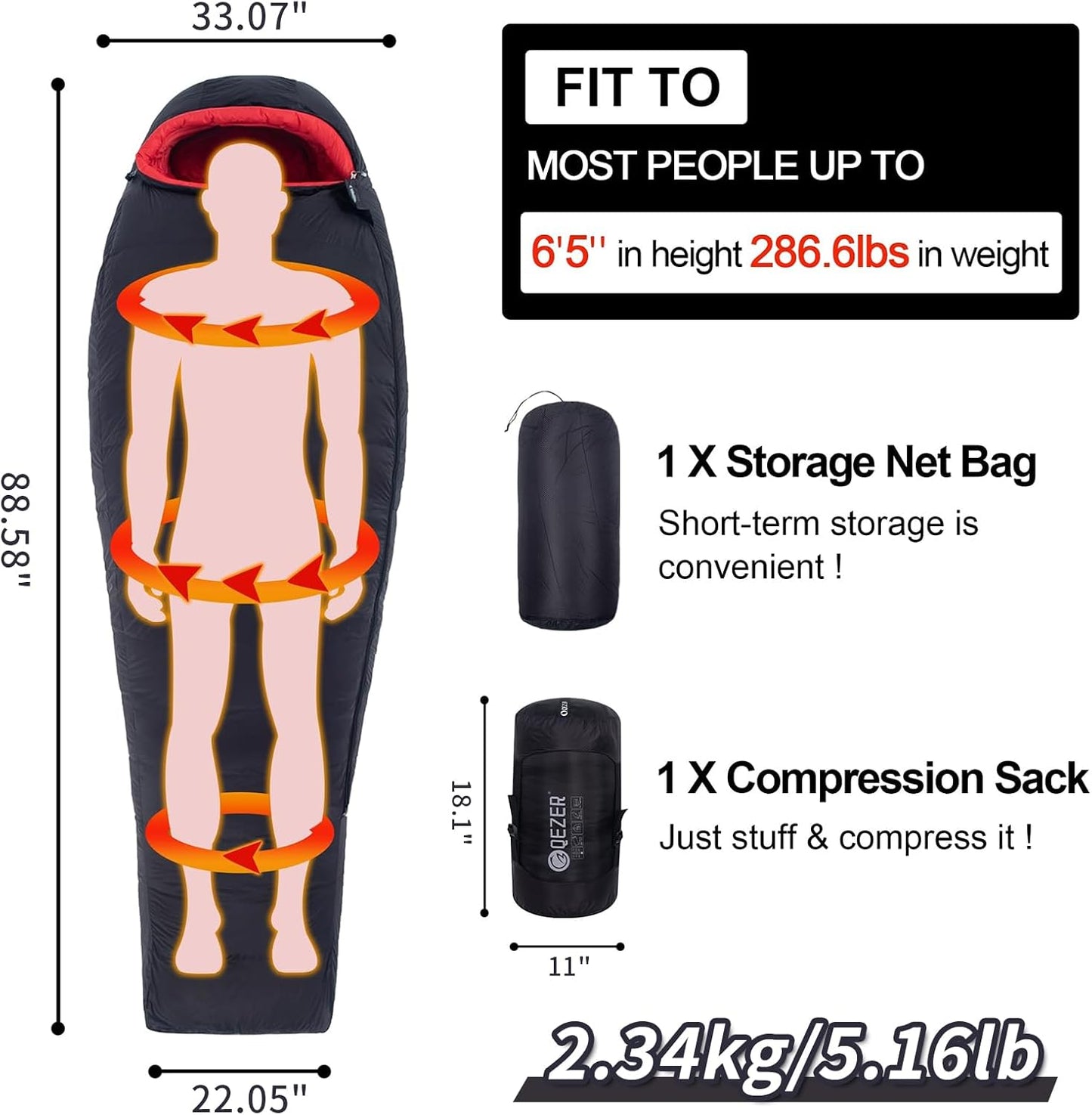 0 Degree Sleeping Bag for Adults 650 Fill Power Down Sleeping Bag for Cold Weather -20F / -8F / 0F / 10F Large Lightweight