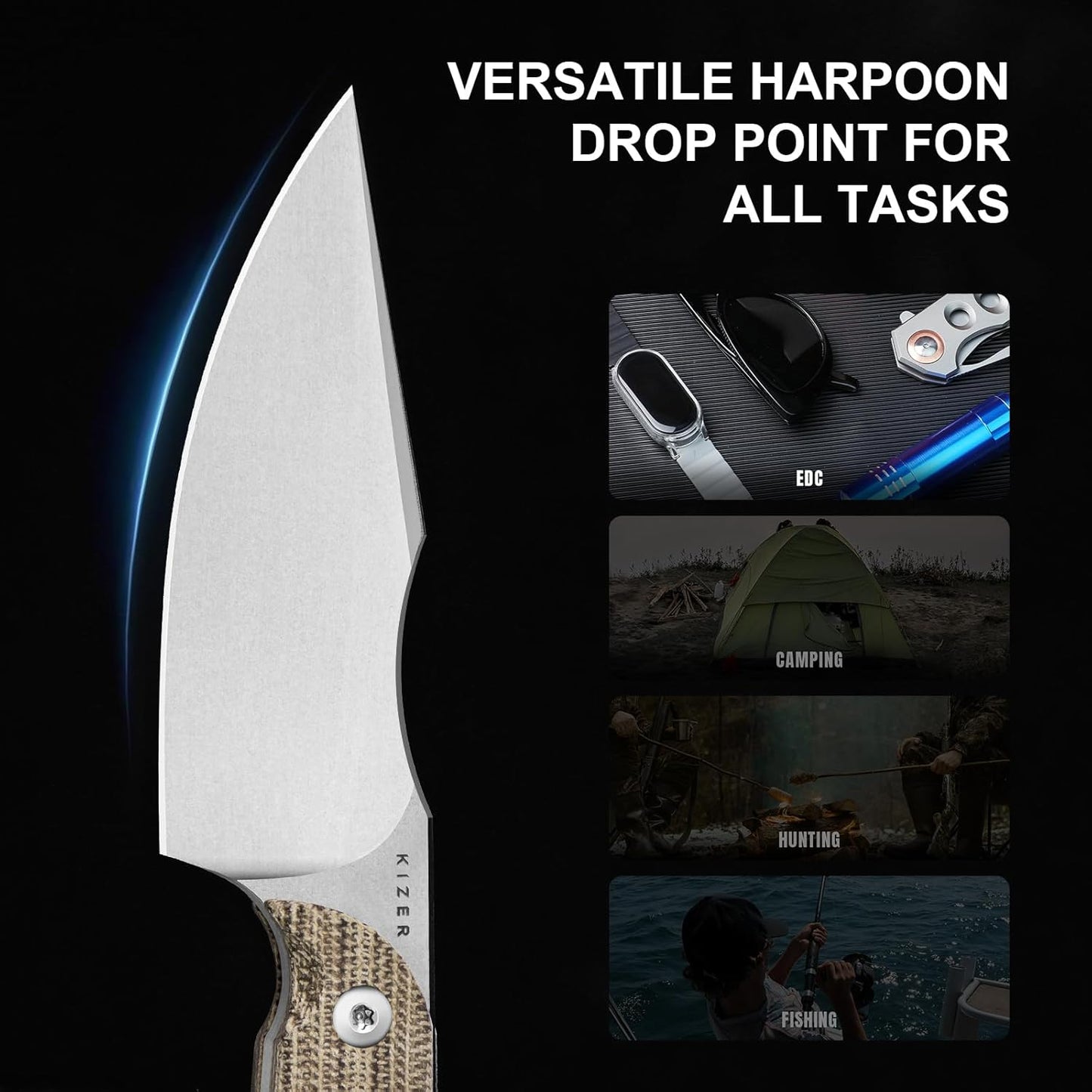 Kizer Mini Harpoon Fixed Blade Knife with Sheath, AEB-L Blade Hunting Knife with Micarta Handle, Camping Fixed Blade Small EDC knives for Hiking, Survival 1040S7