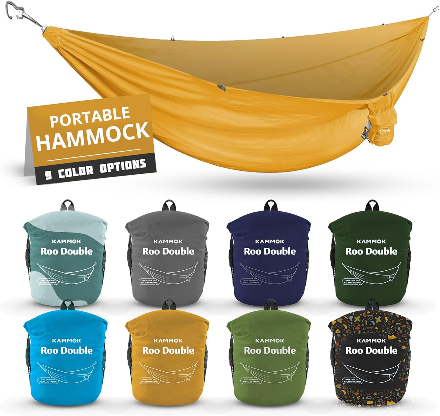 KAMMOK: Roo Double Hammock | Made from Strong & 100% Recycled Water Resistant Ripstop Fabric | Comfortable, Packable, Lightweight (Lifetime Adventure Grade Warranty), Sunflower Gold