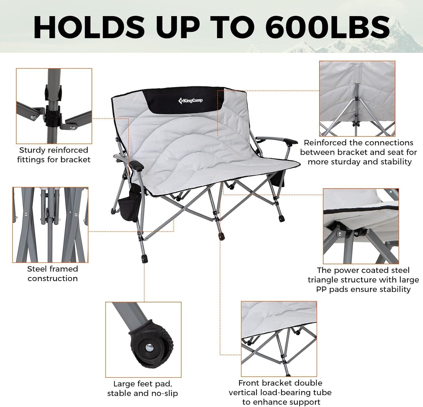 KingCamp Double Camping Chair for Adults, Oversized 2-Person Portable Folding Chair 600 lbs Heavy Duty Outdoor Loveseat with Armrest Cup Holders, Padded Seat and Back for Camping Picnic Patio