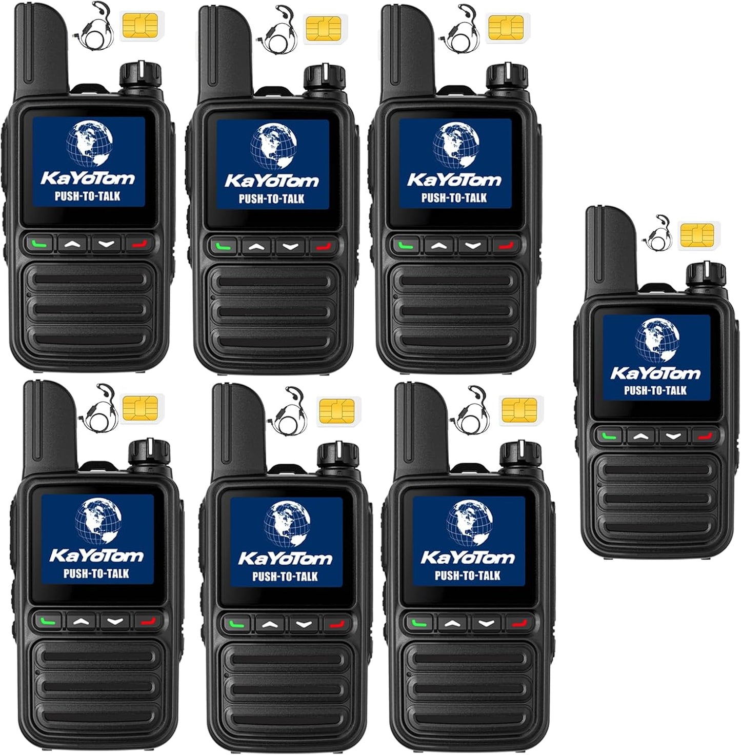 KAYOTOM Lifetime Free Global Walkie Talkies Unlimited Range PTT Push-to-Talk Over Cellular Nationwide POC 4G Handheld Long Range Two Way Radio for Team Management (with Earphones, 7-Packs)