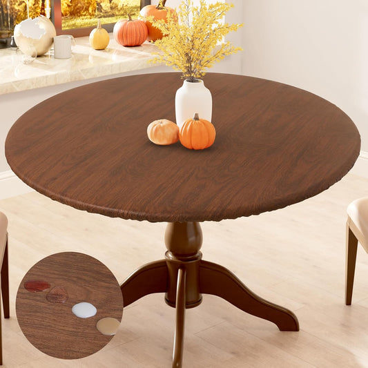 Smiry Round Picnic Tablecloth, Waterproof Elastic Fitted Table Covers for 45" - 56" Tables, Wipeable Flannel Backed Vinyl Tablecloths for Camping, Indoor, Outdoor, Brown