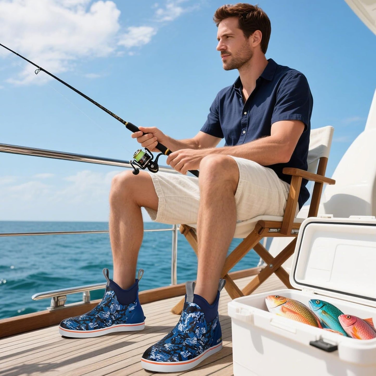 Kalkal Men's Deck Boots, Waterproof Fishing Rain Boots with High Traction, Men's Rubber Boots For Gardening Fishing Boating Camping Sailing