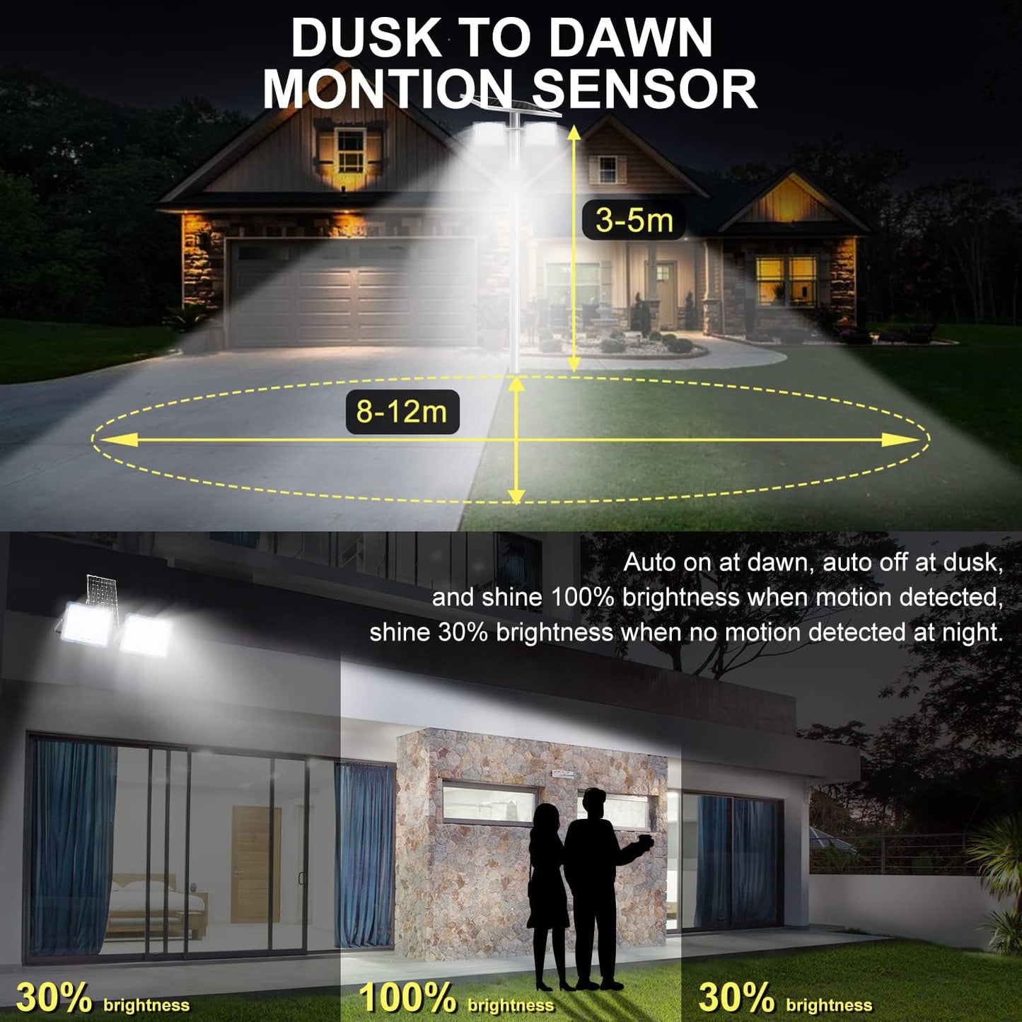 100W 12000LM Solar Flood Light Outdoor with Separate Panel, Dusk to Dawn & Motion Sensor Solar Street Lights Outdoor with Flash Warning for Garden, Yard Pathway, 2 Light Fixture for Wider Light Range