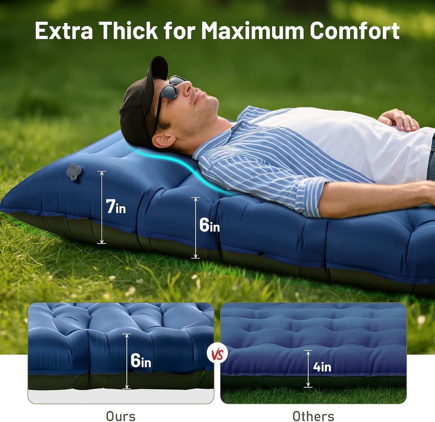 KASBAH Camping Sleeping Pad,Extra Wide 6 inch Thick Inflatable Sleeping Pads with Built-in Foot Pump and Pillow,Ultralight Camping Mat Gear for Outdoor Hiking,Camping, Traveling and Tent