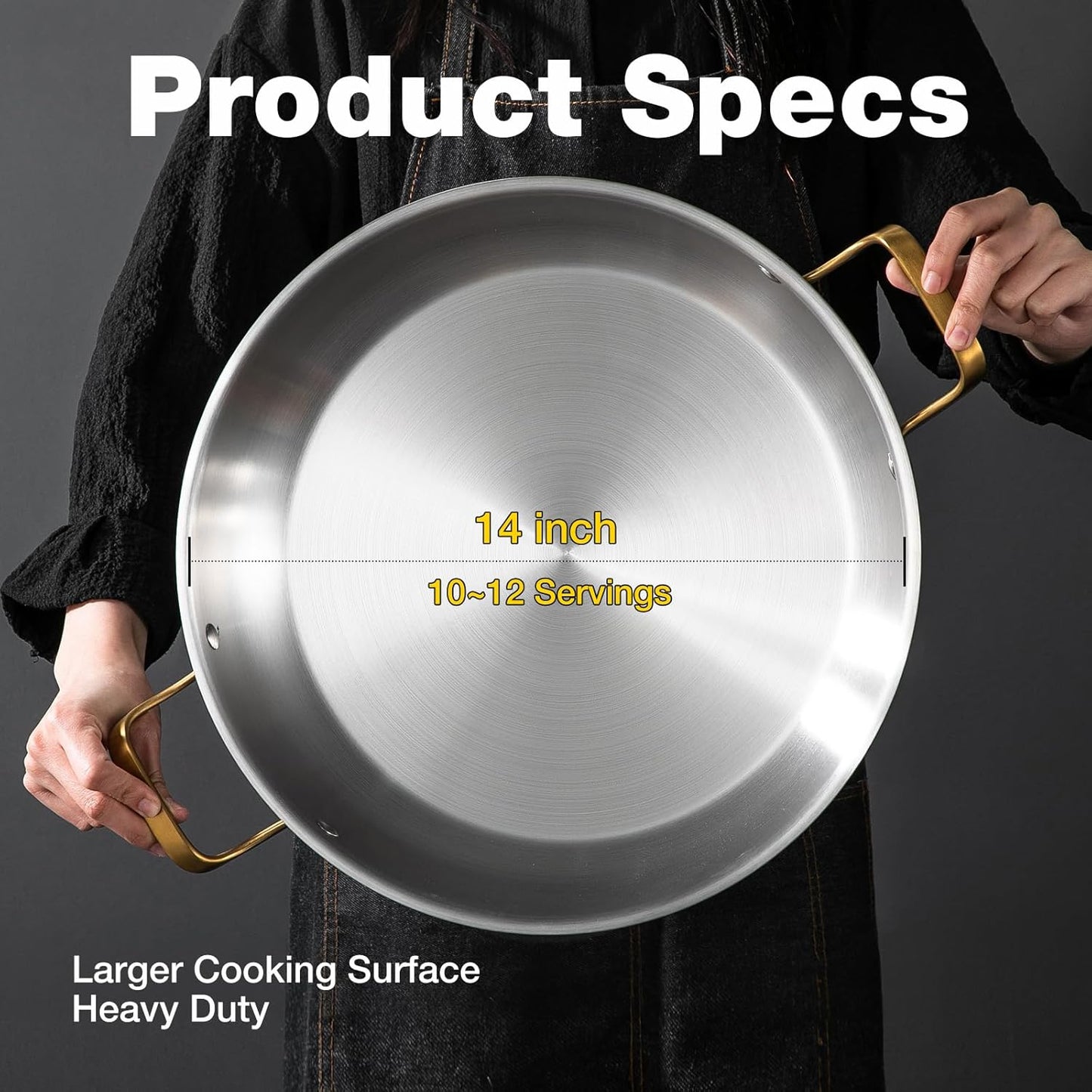 14 Inch Stainless Steel Paella Pan with Lid,Frying Pan, Tri-Ply Even Heating, Induction Ready & Dishwasher Safe – Great for Camping, Parties, Family Gatherings