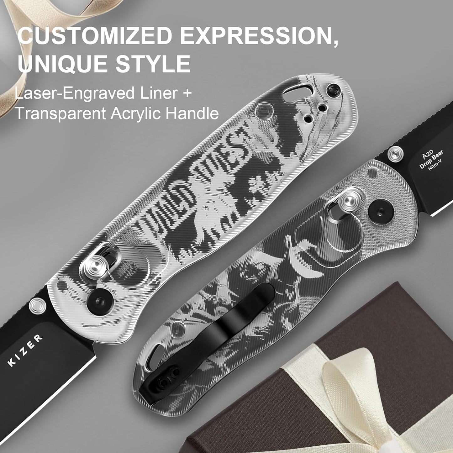 Kizer Drop Bear EDC Pocket Knife, 2.97” Nitro-V Blade Acrylic Handle Folding Knife with Thumb Stud Opener, Clutch Lock EDC Knives for Hunting Camping Fishing, Gift for Men Women V3619A15