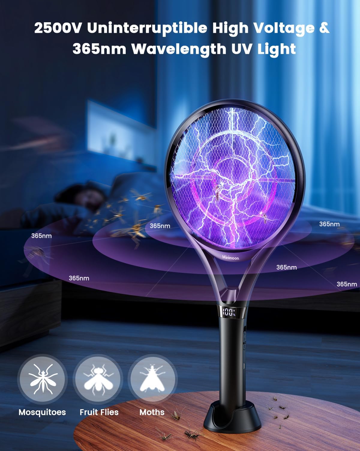 Minimoon 2Pack Electric Fly Swatter with LED Display, 2000mAh Rechargeable Fly Swatter Racket, 2500V Bug Zapper Racket Dual Modes, Mosquito Killer Lamp with 3 Layers Safety Mesh for Indoor Outdoor