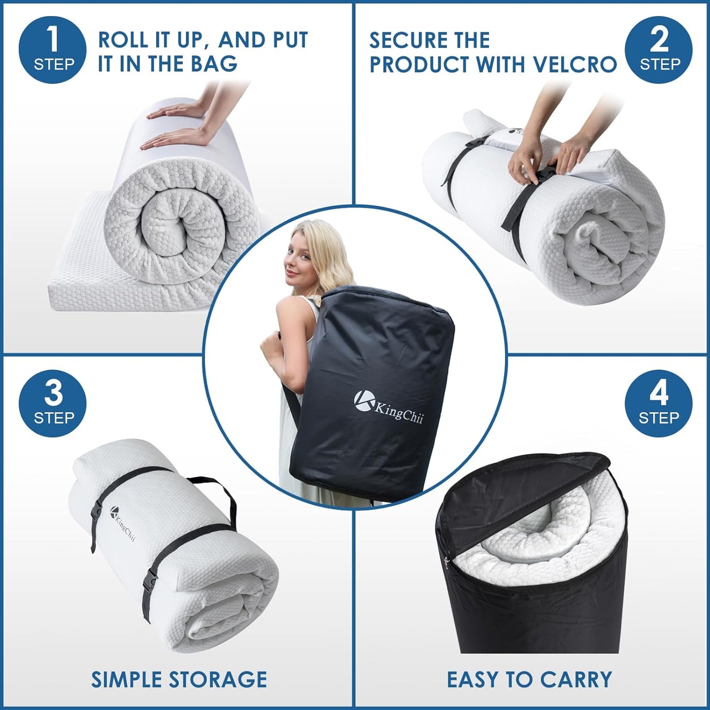 KingChii Memory Foam Camping Mattress, Portable Roll Up Sleeping Pad for Road Trip, Floor Mat Roll Up Futon Mattress for Guests Sleepoverr