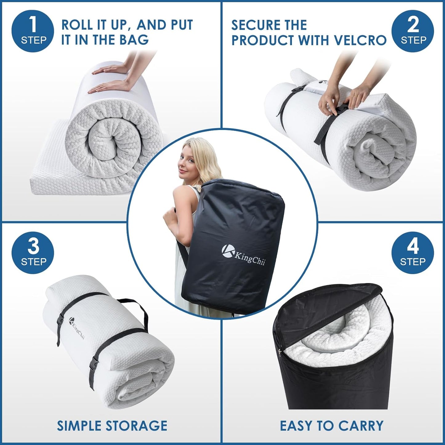 KingChii Memory Foam Camping Mattress, Portable Roll Up Sleeping Pad for Road Trip, Floor Mat Roll Up Futon Mattress for Guests Sleepoverr