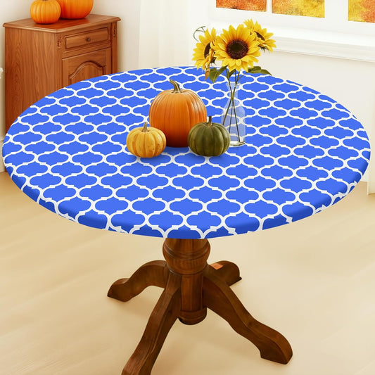 Smiry Round Picnic Tablecloth, Waterproof Elastic Fitted Table Covers for 57" - 68" Tables, Wipeable Flannel Backed Vinyl Tablecloths for Camping, Indoor, Outdoor, Blue & White
