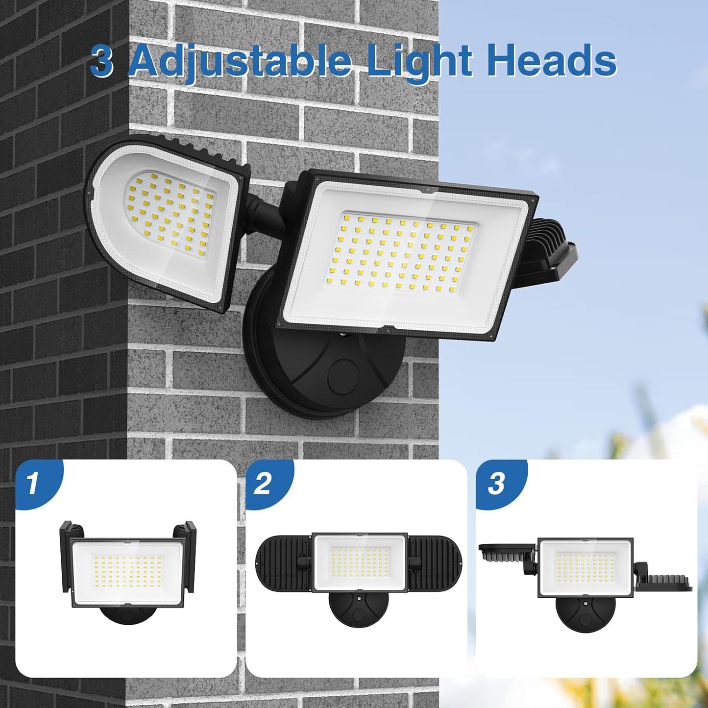 150W Flood Lights Outdoor Waterproof IP65, Exterior LED Floodlights with 3 Adjustable Heads, 15000LM Super Bright Security Lights Fixture, Outside Lights for House, Backyard 2 Pack