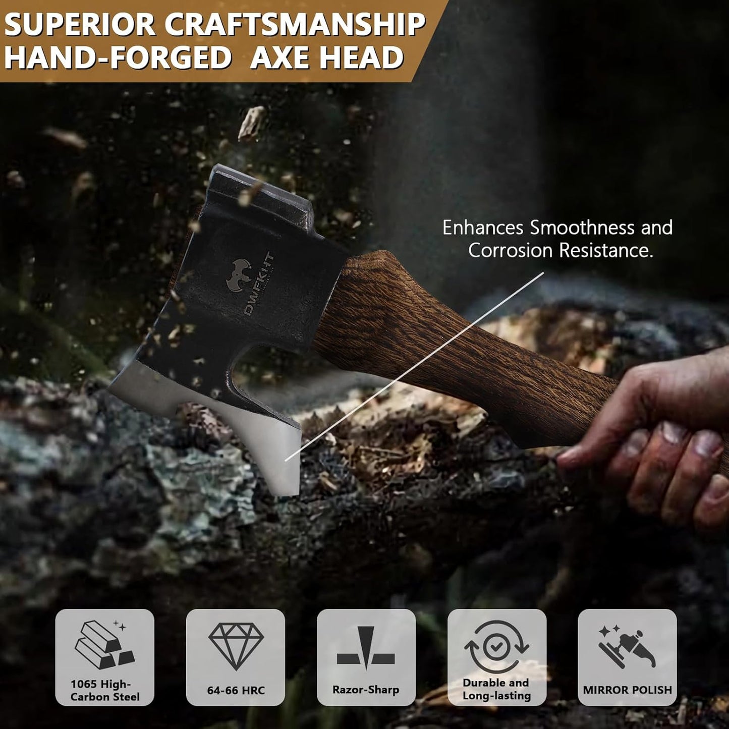 14.3" Hatchet, Camping Axe, Hand Forged Axe with Sheath, Bushcraft Axe with 1065 Carbon Steel and Beech Handle for Wood Splitting and Chopping – Perfect for Outdoor Survival and Adventures