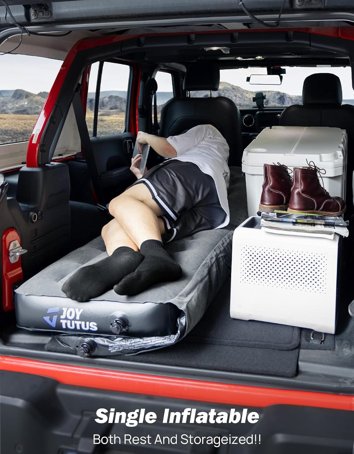 JOYTUTUS SUV Air Mattress for Camping w/Air Pump Compatible with Wrangler JL 4X4, Comfort SUV Inflation Mattress w/2 Pillows for 2018-2026 Wrangler JL 4 Door (Don't for 4XE) - Dark Grey