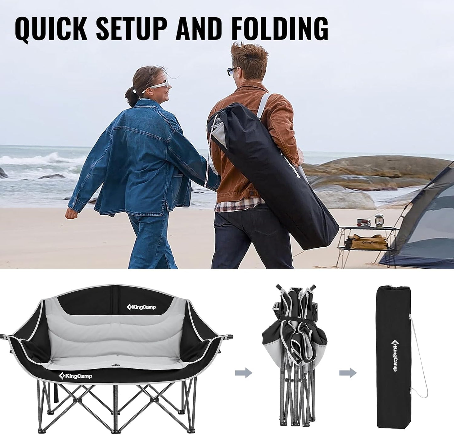 KingCamp Double Camping Chair, Oversized Heavy Duty 550lbs Loveseat for Adults Portable Folding XL 2 Person Couch Padded Comfortable Two Seat with Cup Holder for Outdoor Lawn Backyard, Black/Grey