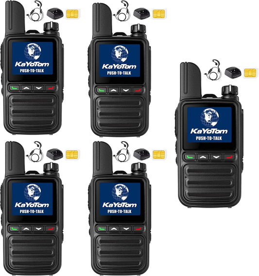 KAYOTOM Global Walkie Talkies Unlimited Range PTT Push-to-Talk Over Cellular Nationwide 5000 Miles POC 4G Handheld Long Range Two Way Radio for Team (with Charging Dock & Earphones, 5-Packs)