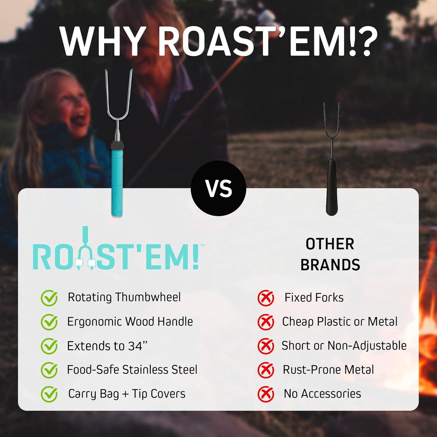 Jolly Green Products Rotating Marshmallow Roasting Sticks for Campfire & Bonfire | Extra Long Hot Dog & Smores Sticks for Fire Pit | Camping Smores Kit | Retractable Campfire Skewers | Set of 5