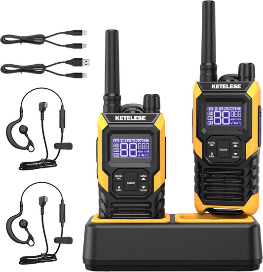 KETELESE T4 Heavy Duty Walkie Talkies, IP67 Waterproof FRS 2 Way Radio Long Range, USB-C Rechargable, with Earpiece, VOX, NOAA, Weather Alert, Dual PTT, One-Key Group Call, Dock, 2 Pack