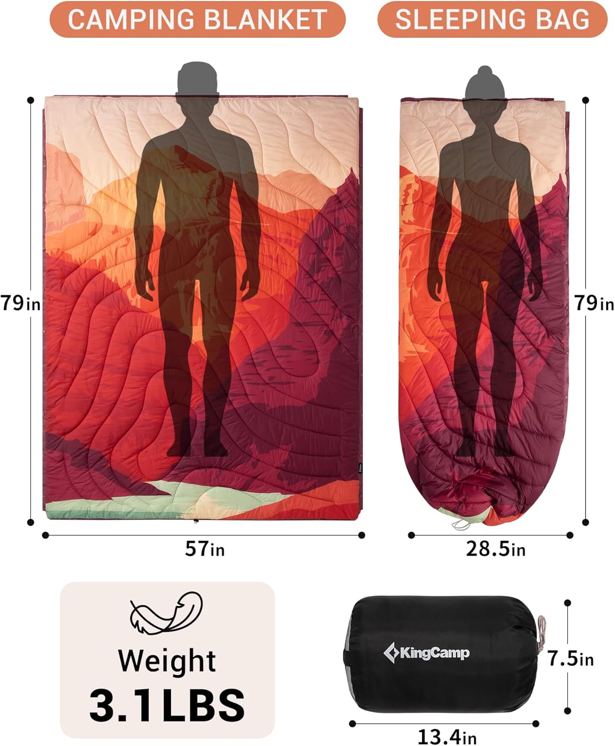 KingCamp Large Camping Blanket with Sherpa Lining, Packable Down Alternative Puffy Printed Wearable Blanket with Snap Buttons, Warm Weatherproof Quilt for Outdoor Travel (79" L x 57" W, Orange)