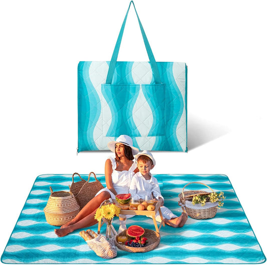 #WEJOY 3 in 1 Outdoor Picnic Blanket, Padded 3 Layers Beach Blanket, 80x60'', 4 Person, Easy to Fold, Waterproof for Lawn,Camping, Park (Cyan)