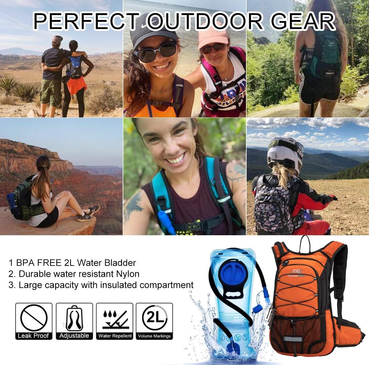15L Insulated Hydration Backpack Pack with 2L Water Bladder Lightweight Hiking Backpack Bag for Women Men Daypack for Hiking Running Festival Camping Biking