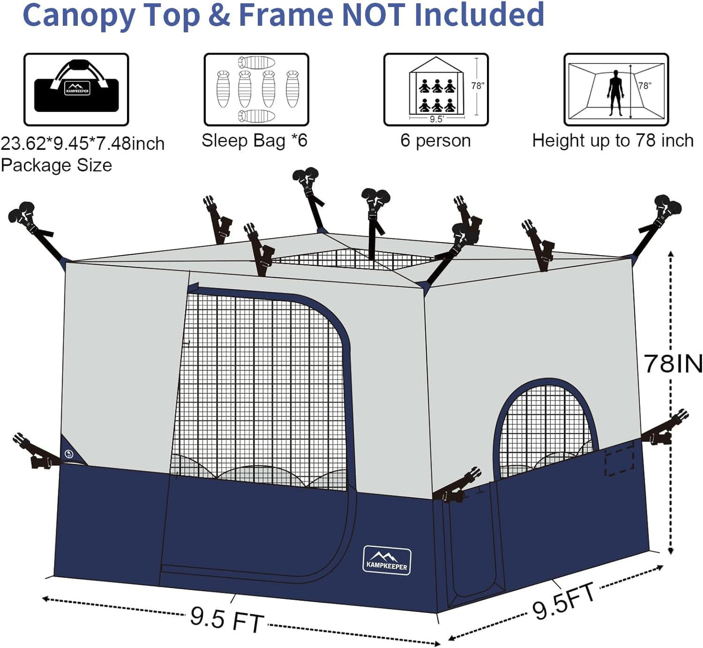 KAMPKEEPER Camping Inner Tent, Converts 10'x10' Straight Leg Pop Up Canopy into Camping Tent, with 1 Dog Hole–Fully Vented Roof(Canopy & Frame NOT Included), Navy Blue