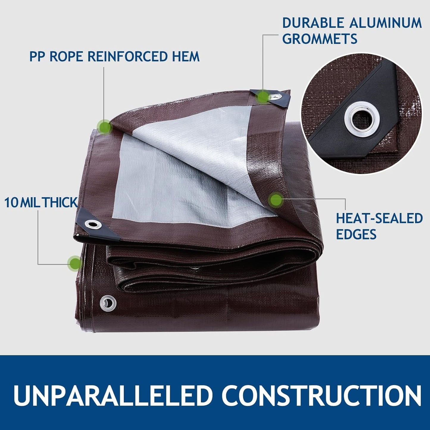 10 Mil Heavy Duty Waterproof Tarps, 8x10 Ft Finished Size Tarps, Premium Tarp with Metal Grommets & Reinforced Edge, Multipurpose Thick Poly Tarp for Car, Boat, Roof, Camping - Brown