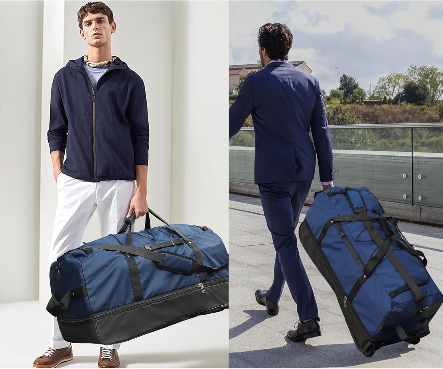 110L/140L Expandable Soft-Sided Foldable Duffle Bag with 2 Rubber Wheels,Packable 32” Rolling Carry-On with Multi-Pockets & Compartments,Navy Blue