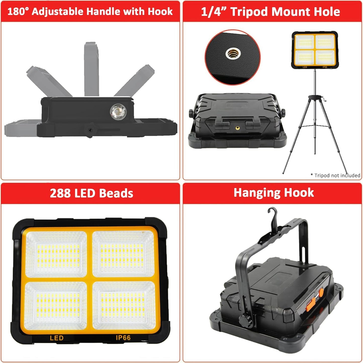 150W Portable Rechargable Dual Solar Panel LED Work Light with 5 Modes, 10000LM 21600mAh IP66 Waterproof Outdoor Flood Light