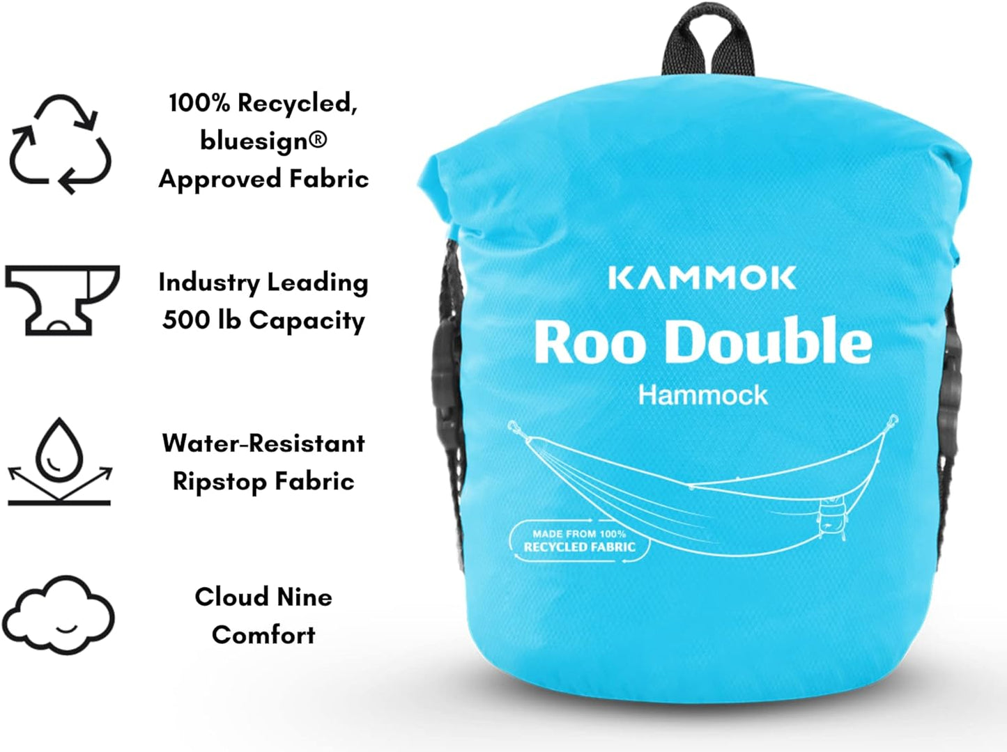 KAMMOK: Roo Double Hammock | Made from Strong & 100% Recycled Water Resistant Ripstop Fabric | Comfortable, Packable, Lightweight (Lifetime Adventure Grade Warranty), Sky Blue