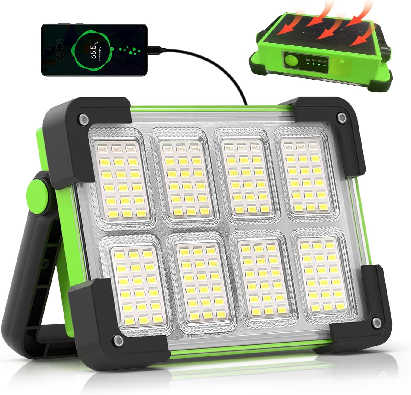 120W Solar Rechargeable Work Light, 144 LED 10000LM Led Work Light with 4 Modes, Portable Flood Light with Stand, IP66 Waterproof Outdoor Working Light for Emergency Mechanic Camping Repair