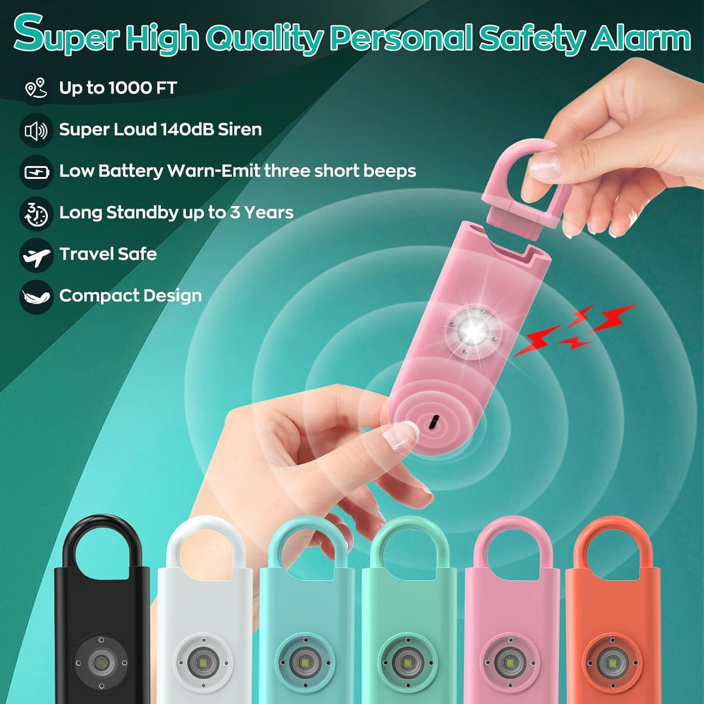140dB Personal Safety Alarm for Women, 6 Pack Safe Alarm Protection Keychain with Strobe Light & Low Battery Notice, Security Siren Self Defense for Seniors College Girls(White+Pink+Orange)