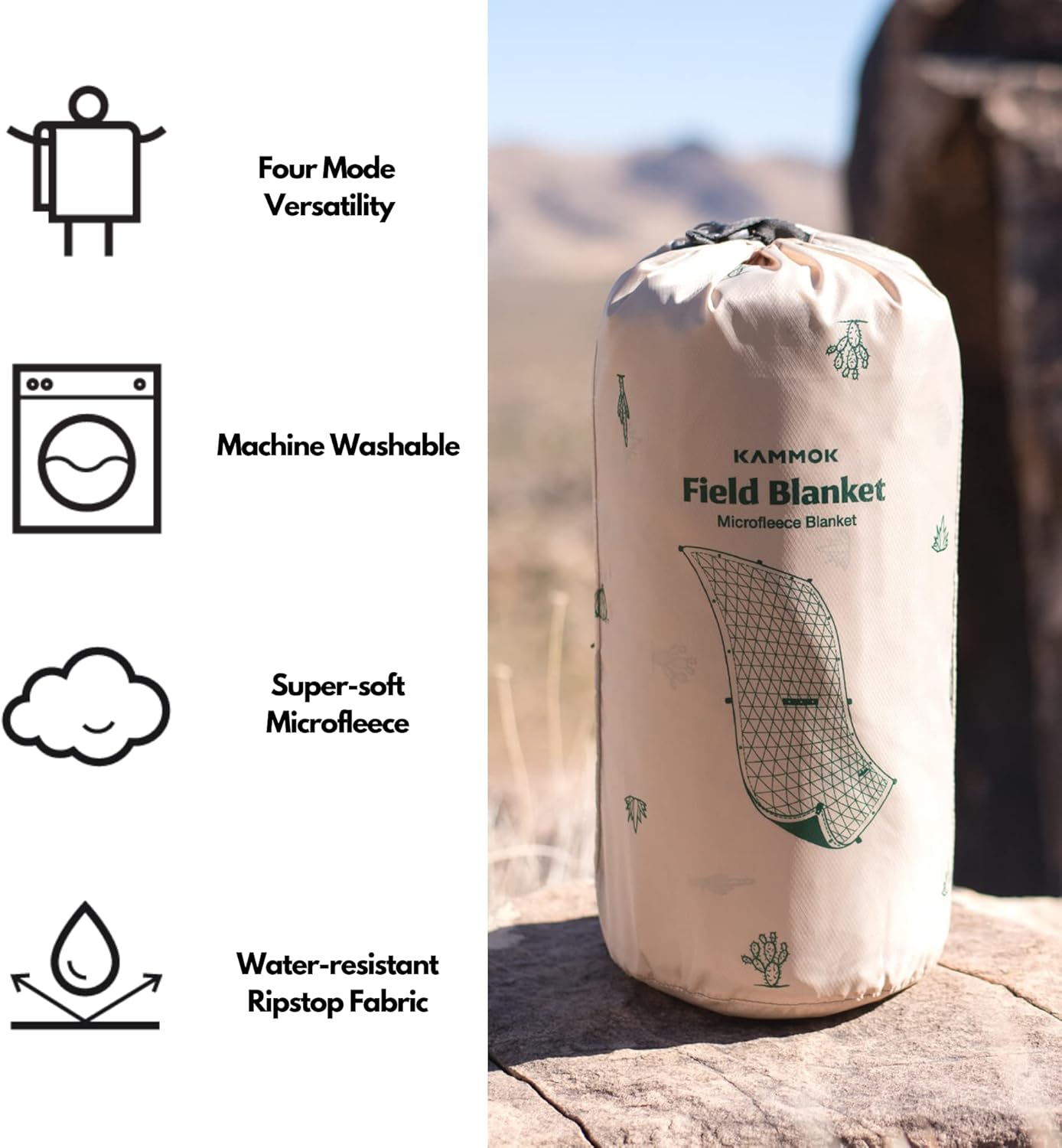 KAMMOK Field Blanket - Microfleece, Water Resistant, Portable, Durable, Indoor/Outdoor Camp Blanket (84 in × 50 in) - Cacti Print