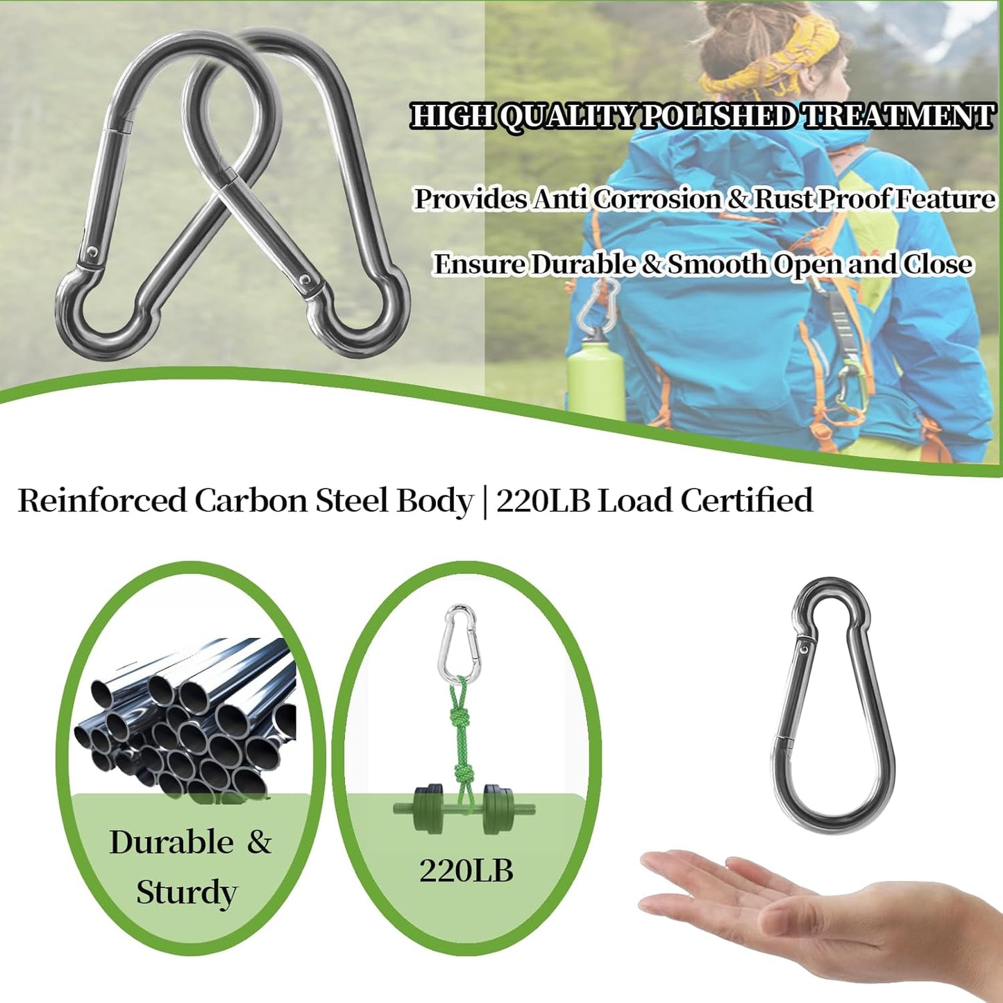 10PCS M5 Spring Snap Hook Carabiner, 220LBS Heavy Duty Carabiner Clips, Small Locking Hooks Clip for Climbing, Hammock, Outdoor, Carabiners Snap Hooks Heavy Duty, Carabiner Snap Hook Bulk