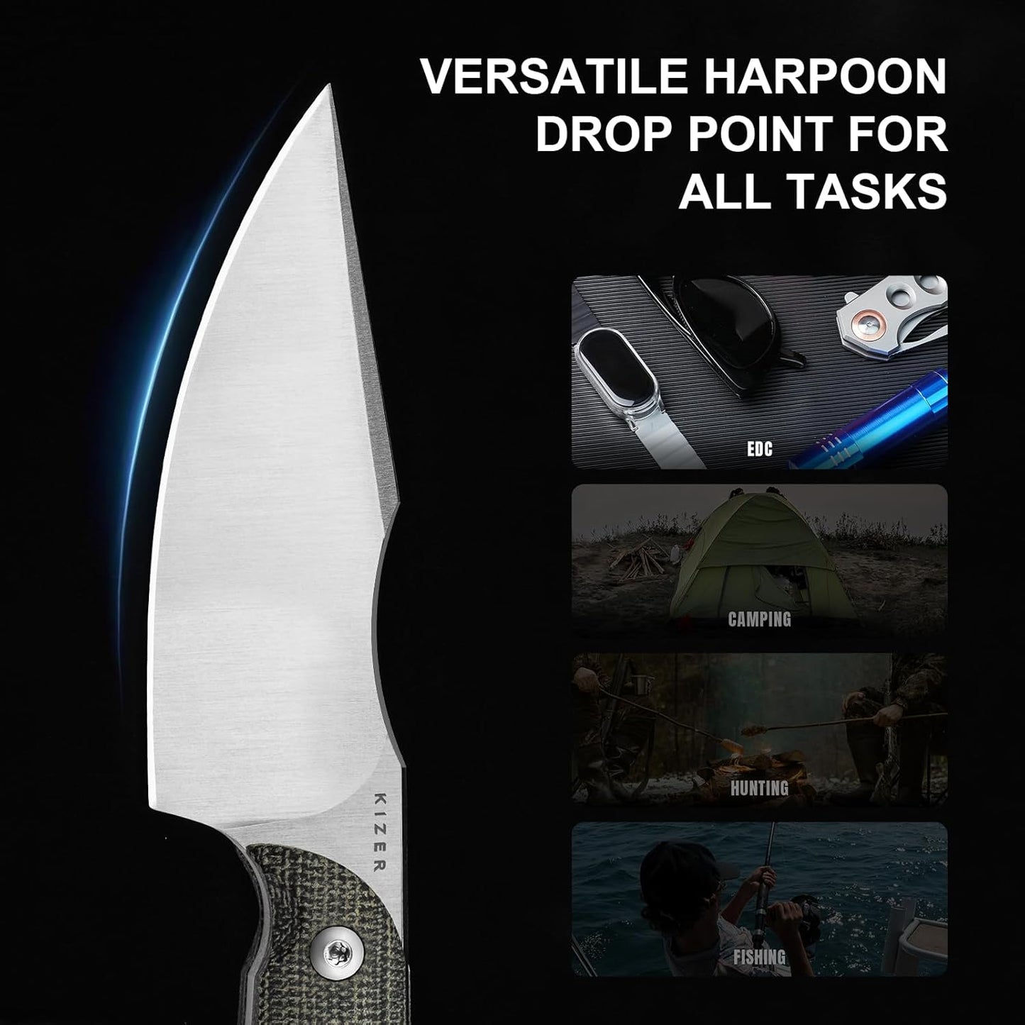 Kizer Mini Harpoon Fixed Blade Knife with Sheath, AEB-L Blade Hunting Knife with Micarta Handle, Camping Fixed Blade Small EDC knives for Hiking, Survival 1040SM2