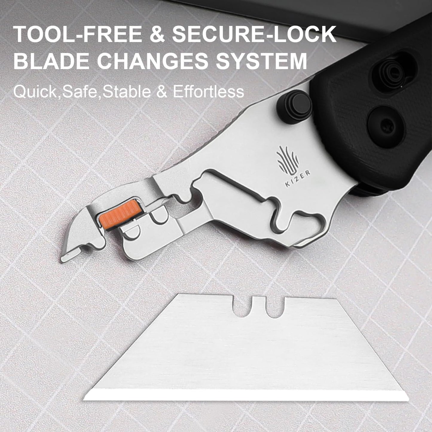 Kizer Uti Bear(Tool-Free Version) Folding Utility Knife, Quick Change Box Cutter EDC knife with 5PCS Razor Blades, Clutch Lock & Pocket Clip Small Pocket Knives for Men Women V3619JM2