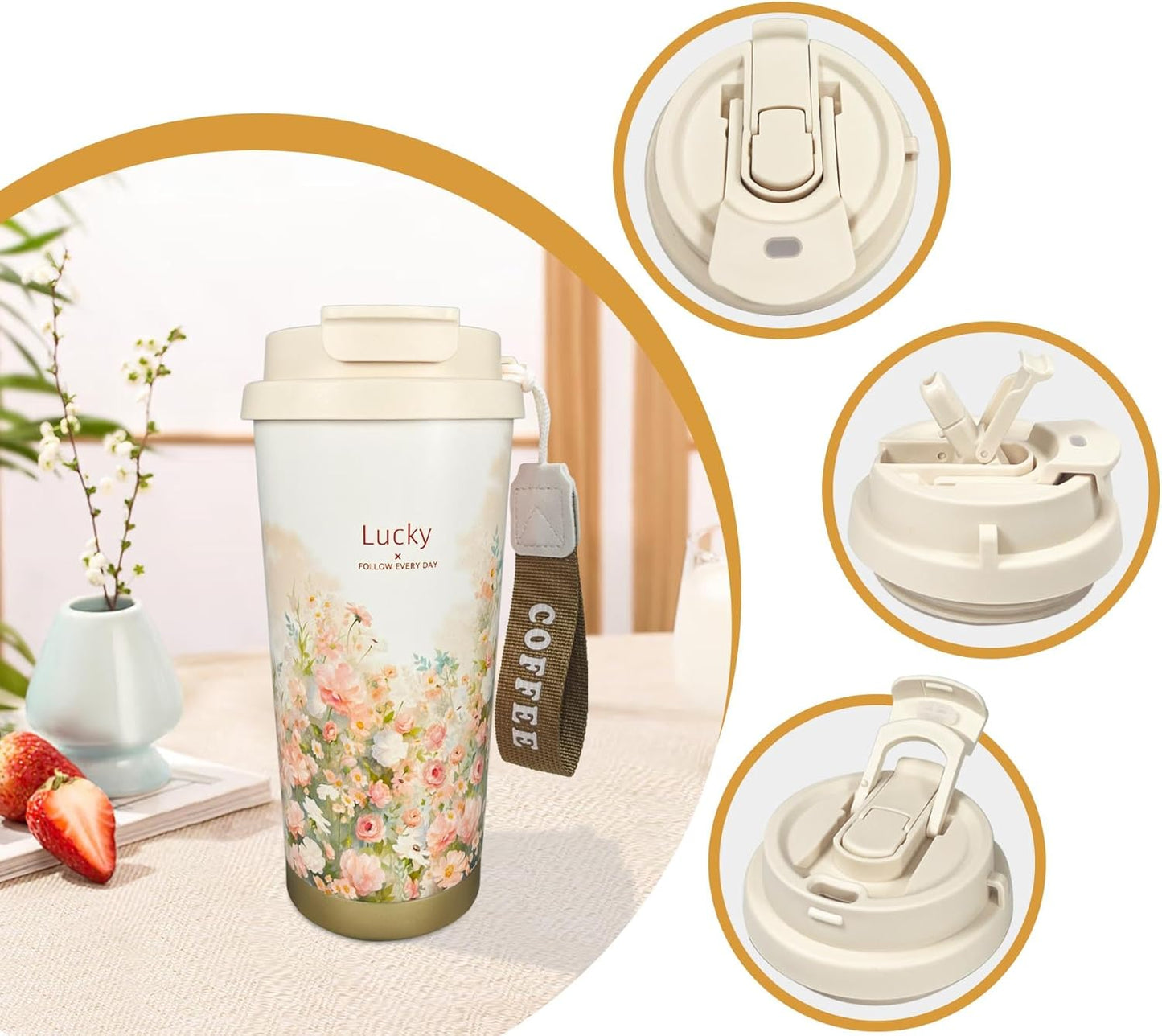 17oz Camping Coffee Makers with Ceramic Coating,Camp Pour Over Coffee Maker Set,Double Wall Vacuum Leak-Proof Mug for Office School Party Camping,Tea Infuser Mug for Loose Leaf Tea (17oz Lucky)