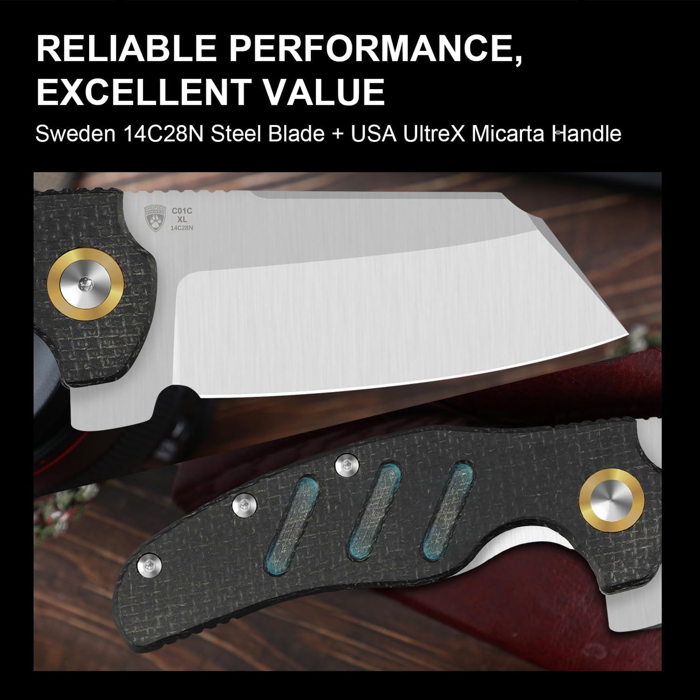 Kizer C01C XL Sheepdog Pocket Knife, 3.9" 14C28N Sheepsfoot Blade EDC Folding Knife with Black Burlap Norplex UltreX™ Micarta Handle, Liner Lock, Flipper, Camping Knives for Men Women, V5488M2