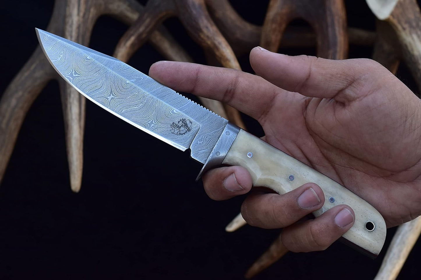 Knives Ranch 9-1/2" Handmade Hunting Knfie - Full Tang Camping Knife - Damascus Bushcraft Knife - Cattle Bone Handle - Heavy-duty Leather Sheath (2151-B)