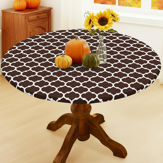 Smiry Round Picnic Tablecloth, Waterproof Elastic Fitted Table Covers for 57" - 68" Tables, Wipeable Flannel Backed Vinyl Tablecloths for Camping, Indoor, Outdoor, Coffee & White