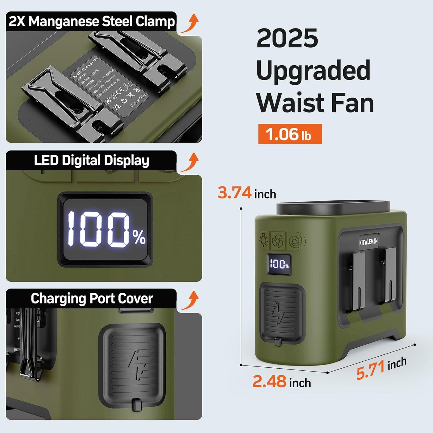 KITWLEMEN 14500mAh Portable Waist Fan - Personal Clip on Belt Fan, Dual Air Outlet, 5 Speed 35H Cooling, Rechargeable Battery Operated, Wearable with Lanyard & Light for Camping, Travel, Jobsite