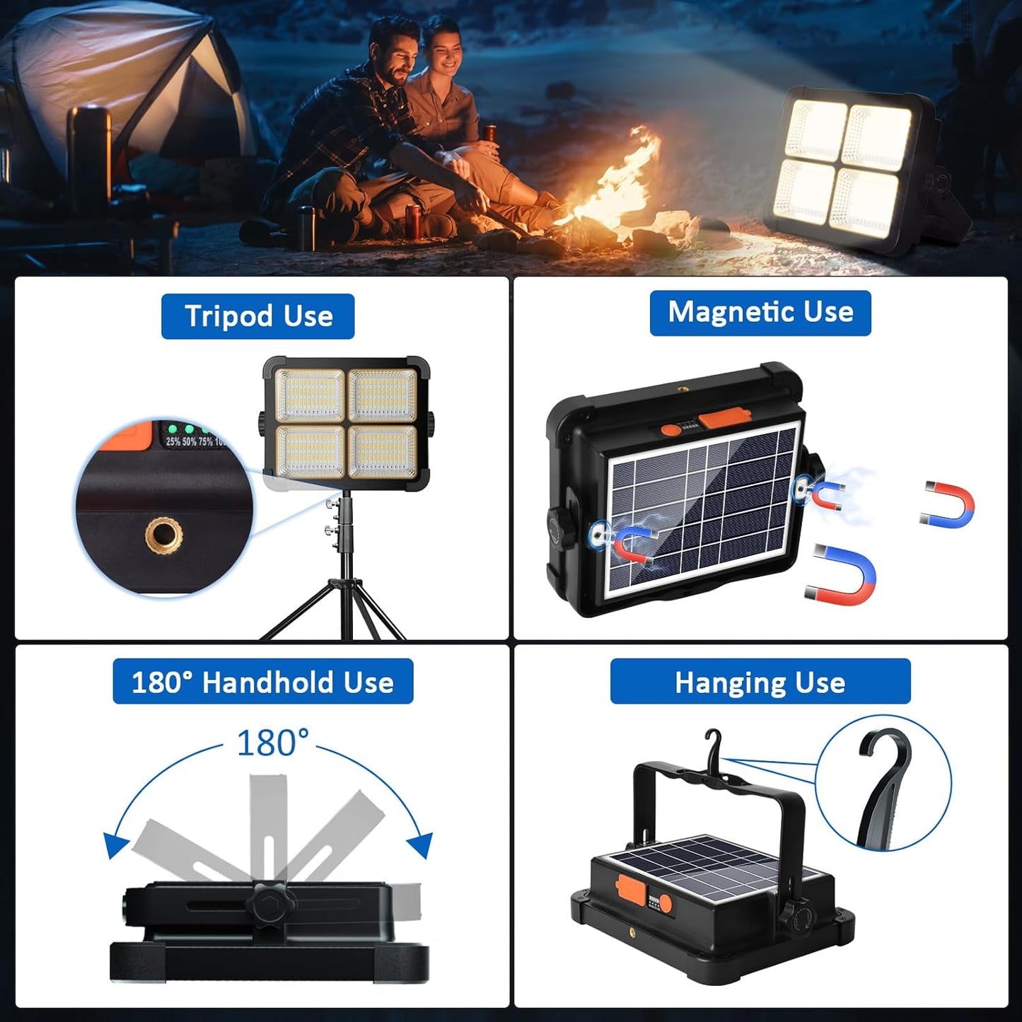 100W Rechargeable Work Light, 12000mAh Solar Work Light, 336 LEDs Flood Light, 4 Lighting Modes/Stepless Dimming, Portable for Camping, Car Repair, Power Cut