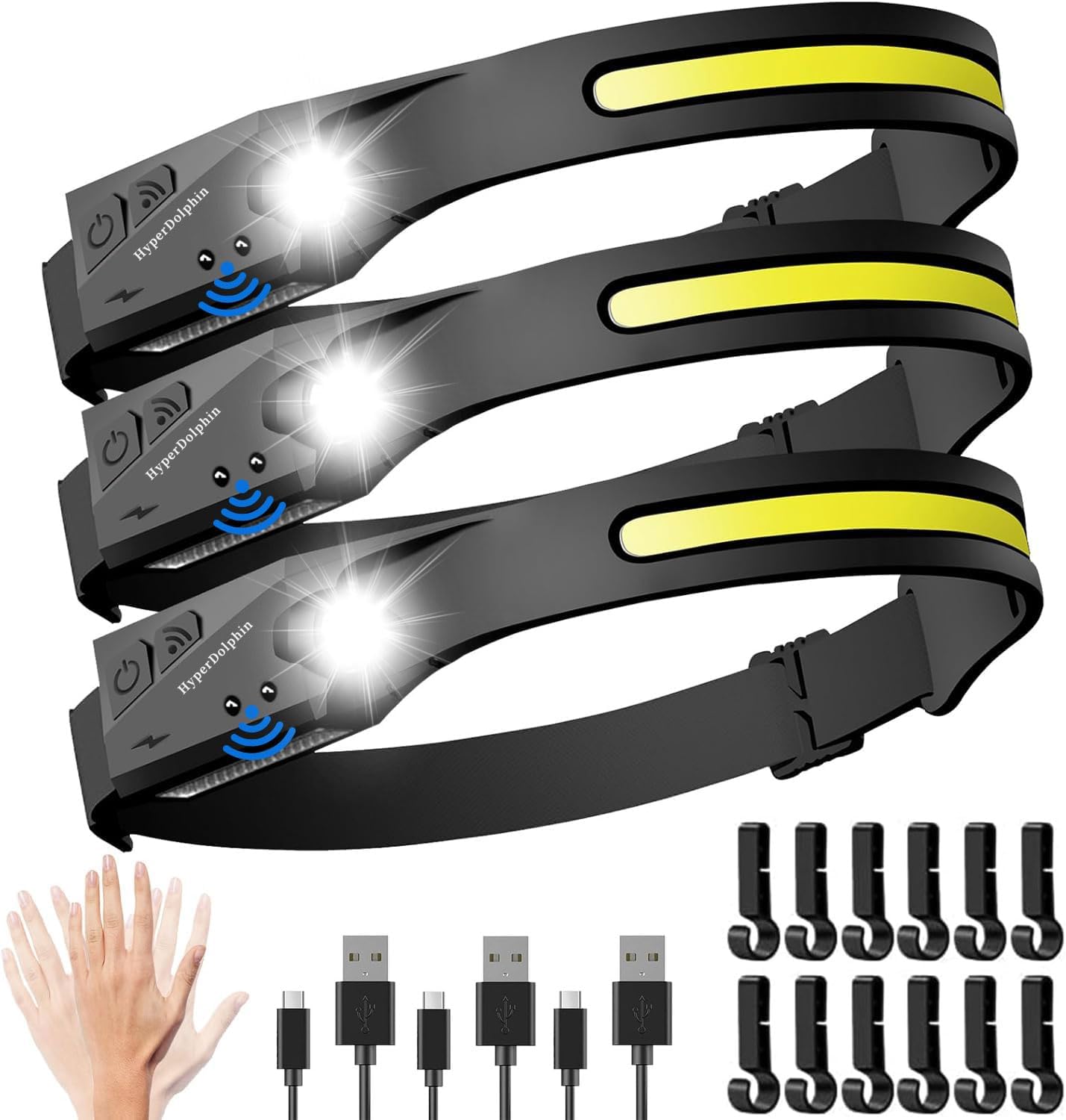 (3-Pack) Headlamp Rechargeable, LED Waterproof Headlight for Adults, 230° Headband Light Forehead, Motion Sensor, USB Head lamp Band, 350 Lumen Super Bright, 5 Modes, Comfortable for Running,Fishing