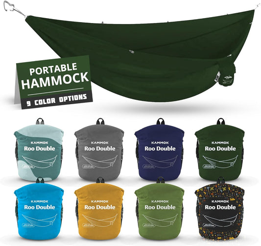 KAMMOK: Roo Double Hammock | Made from Strong & 100% Recycled Water Resistant Ripstop Fabric | Comfortable, Packable, Lightweight (Lifetime Adventure Grade Warranty), Pine Green