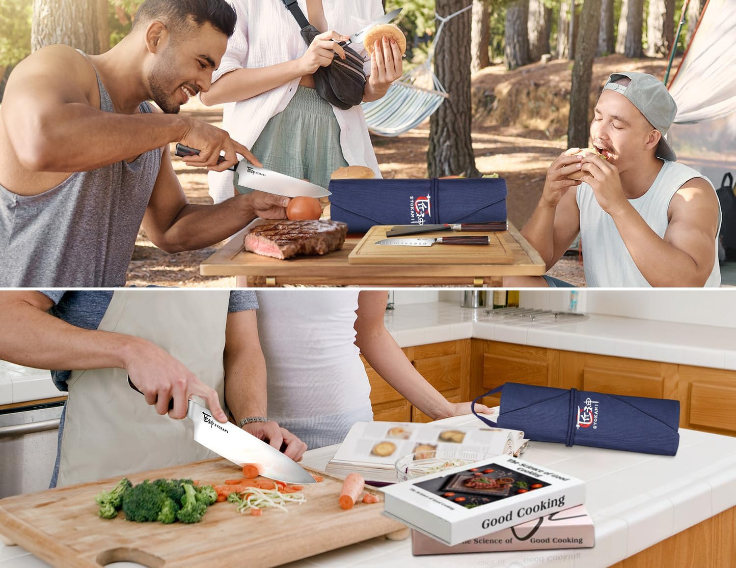 14pcs Chef Knife Set with Roll Bag, Professional Stainless Steel Japanese Knife Set with Pakkawood Handle for Professional Chef, Camping, Travel, BBQ, RV or Gift Blue