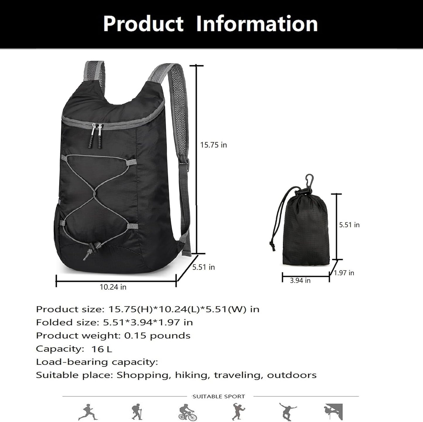 16L Lightweight Foldable Hiking-Backpack Small Packable-Daypack For Travel,Ultralight Water-Resistant Gym Bag Men Women Easy Carry-on (Black&Gray)