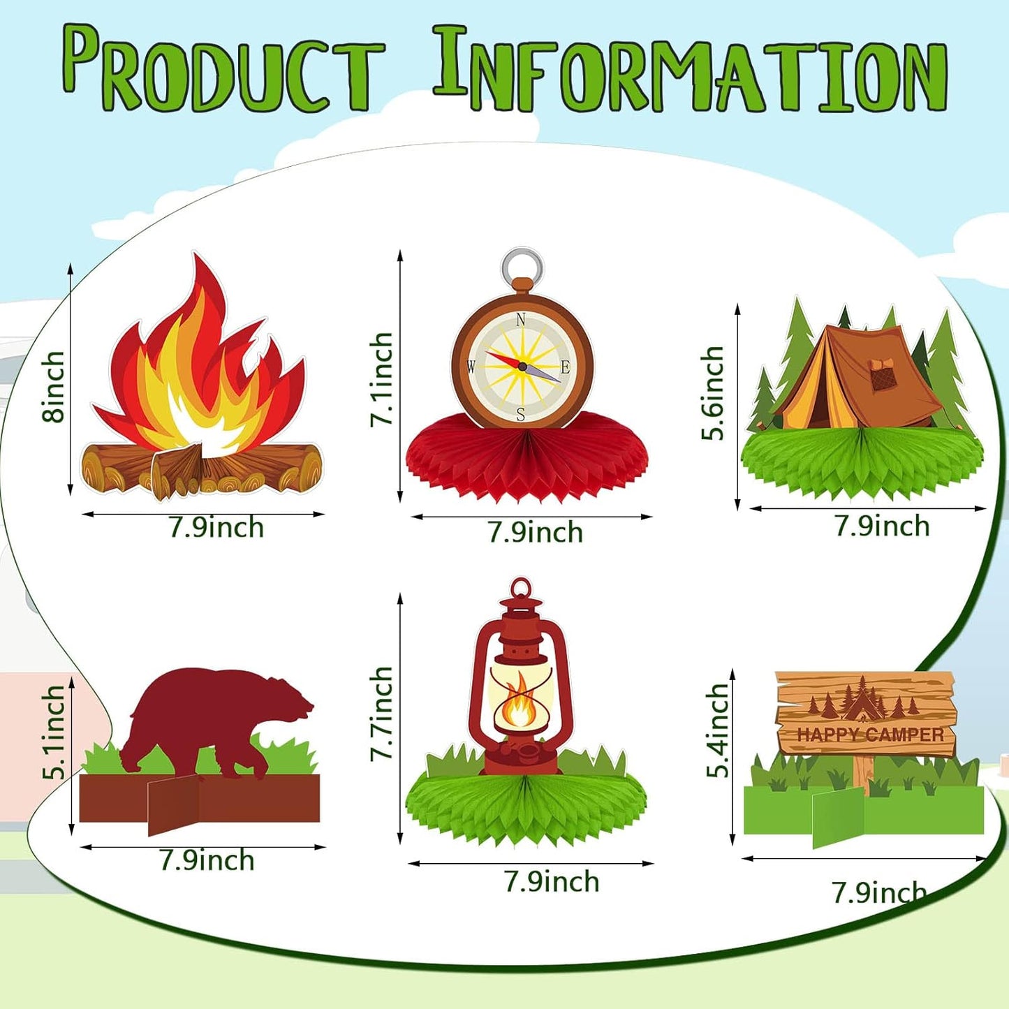 12 Pieces Camping Honeycomb Centerpieces Camping Decorations Party Supplies Campfire Table Centerpieces Adventure Cake Toppers Bears Tent 3D Photo Props Decorations